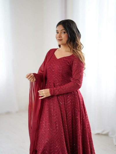 Maroon Lucknowi Sequence Work Georgette Anarkali Suit - BONYHUBSALWAR KAMEEZ