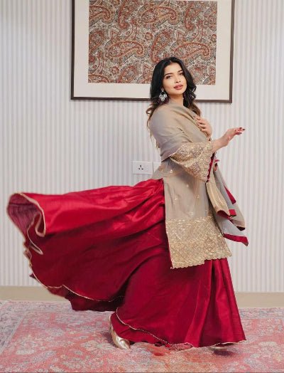 Red & Metallic Gold Kurti, Lehenga Skirt With Dupatta - BONYHUBSALWAR KAMEEZ