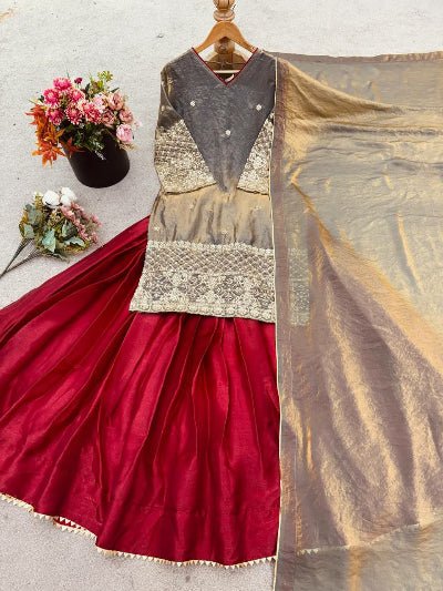 Red & Metallic Gold Kurti, Lehenga Skirt With Dupatta - BONYHUBSALWAR KAMEEZ