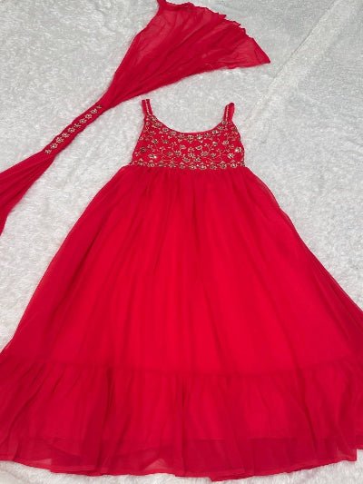 Red Mirror Work Party Wear Sleeveless Gown Dupatta Set Of 2 - BONYHUBSALWAR KAMEEZ