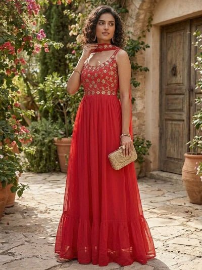 Red Mirror Work Party Wear Sleeveless Gown Dupatta Set Of 2 - BONYHUBSALWAR KAMEEZ