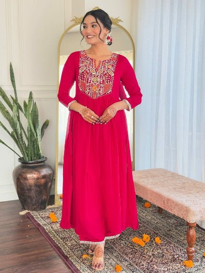 Red Premium Vichitra Silk Anarkali Set with Elegant Chinon Dupatta - BONYHUBSALWAR KAMEEZ
