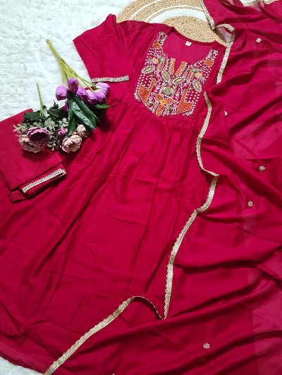 Red Premium Vichitra Silk Anarkali Set with Elegant Chinon Dupatta - BONYHUBSALWAR KAMEEZ