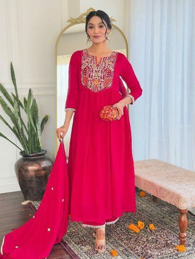 Red Premium Vichitra Silk Anarkali Set with Elegant Chinon Dupatta - BONYHUBSALWAR KAMEEZ