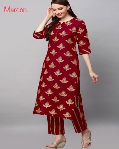 Red Rayon Foil Print Kurti Pant Set Of 2 - BONYHUBSALWAR KAMEEZ