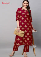 Red Rayon Foil Print Kurti Pant Set Of 2 - BONYHUBSALWAR KAMEEZ