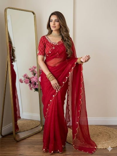 Red Ready to Wear Saree with Handwork Stitched Blouse - BONYHUBSAREE