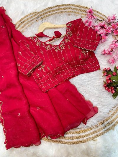 Red Ready to Wear Saree with Handwork Stitched Blouse - BONYHUBSAREE