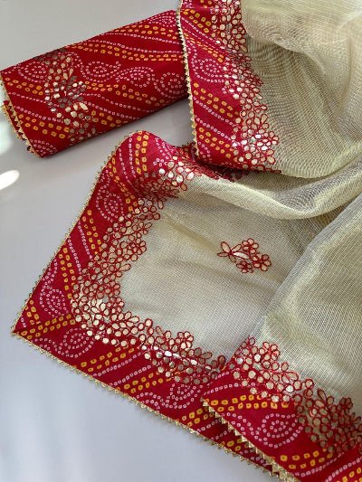 Red Red Bandhani Gota Patti Sari with Unstitched Blouse - BONYHUBSAREE
