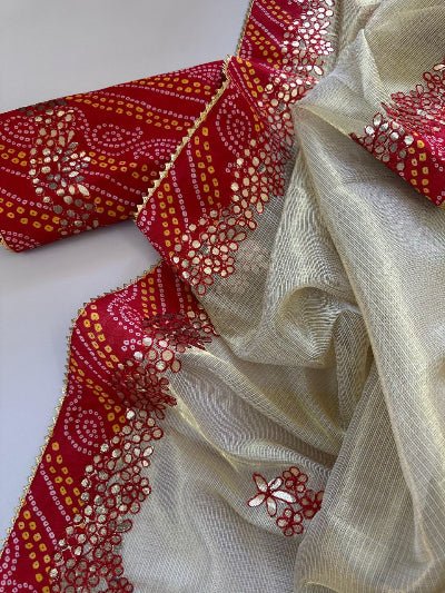 Red Red Bandhani Gota Patti Sari with Unstitched Blouse - BONYHUBSAREE