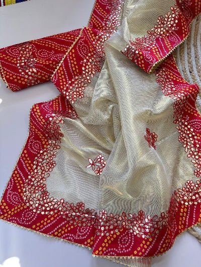 Red Red Bandhani Gota Patti Sari with Unstitched Blouse - BONYHUBSAREE