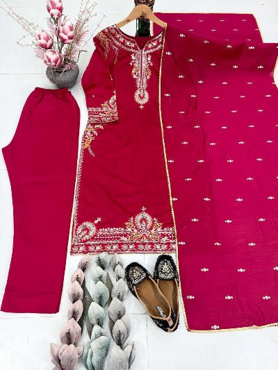 Red Roman Silk Embroidery Work Straight Suit - BONYHUBSALWAR KAMEEZ