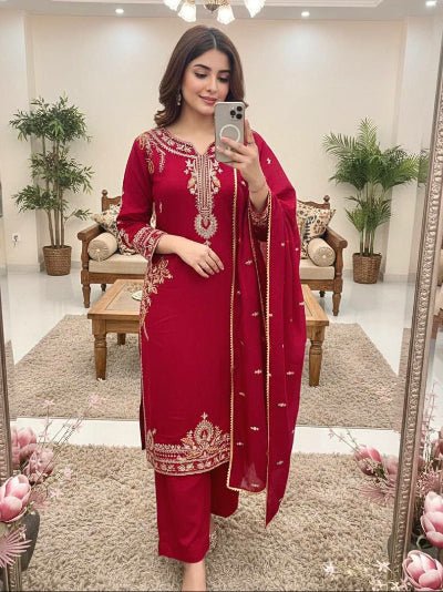 Red Roman Silk Embroidery Work Straight Suit - BONYHUBSALWAR KAMEEZ