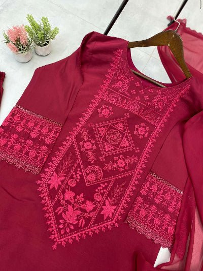 Red Roman Silk Palazzo Suit With Georgette Dupatta - BONYHUBSALWAR KAMEEZ