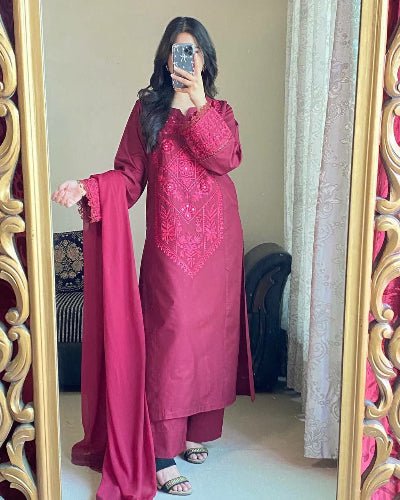 Red Roman Silk Palazzo Suit With Georgette Dupatta - BONYHUBSALWAR KAMEEZ