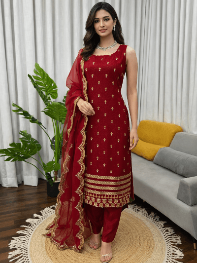Red Sleeveless Gold Embroidery Straight Suit - BONYHUBSALWAR KAMEEZ