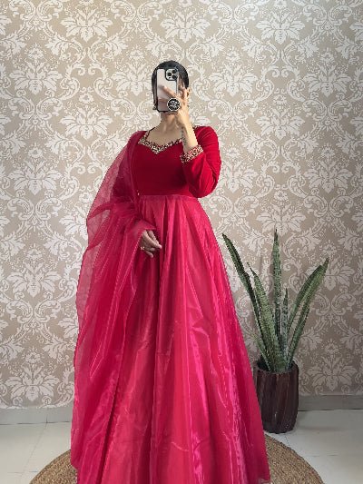 Red Velvet & Soft Tissue Silk Anarkali Gown Dupatta Set Of 2 - BONYHUBSALWAR KAMEEZ