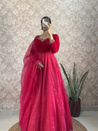 Red Velvet & Soft Tissue Silk Anarkali Gown Dupatta Set Of 2 - BONYHUBSALWAR KAMEEZ