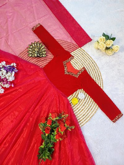 Red Velvet & Soft Tissue Silk Anarkali Gown Dupatta Set Of 2 - BONYHUBSALWAR KAMEEZ
