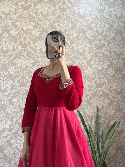 Red Velvet & Soft Tissue Silk Anarkali Gown Dupatta Set Of 2 - BONYHUBSALWAR KAMEEZ