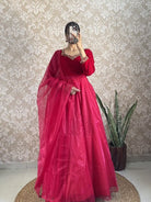 Red Velvet & Soft Tissue Silk Anarkali Gown Dupatta Set Of 2 - BONYHUBSALWAR KAMEEZ