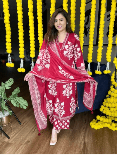 Red White Cotton Salwar Suit Set - BONYHUBSALWAR KAMEEZ