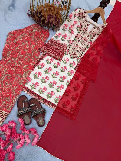 Red &amp; White Floral Designer Farshi Suit UK Next Day - BONYHUBSALWAR KAMEEZ