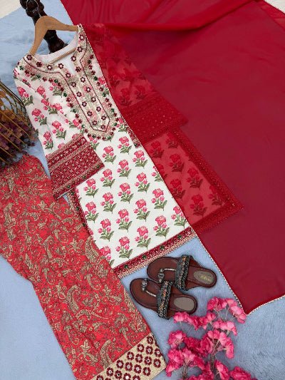 Red &amp; White Floral Designer Farshi Suit UK Next Day - BONYHUBSALWAR KAMEEZ