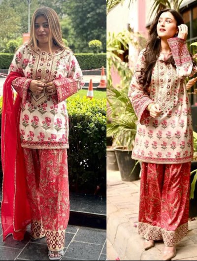 Red & White Floral Designer Farshi Suit UK Next Day - BONYHUBSALWAR KAMEEZ