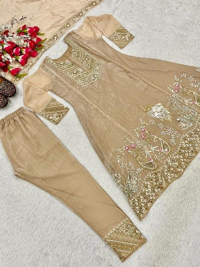 Rich Gold Embroidered Sequins Work Anarkali Suit Set - BONYHUBSALWAR KAMEEZ