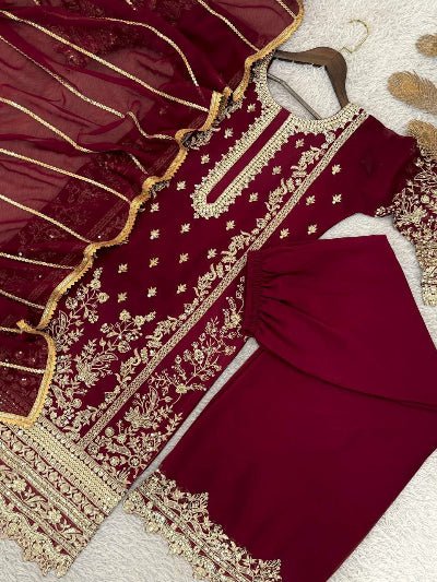 Rich Maroon Gold Embroidery Georgette Palazzo Suit - BONYHUBSALWAR KAMEEZ