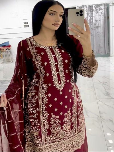 Rich Maroon Gold Embroidery Georgette Palazzo Suit - BONYHUBSALWAR KAMEEZ