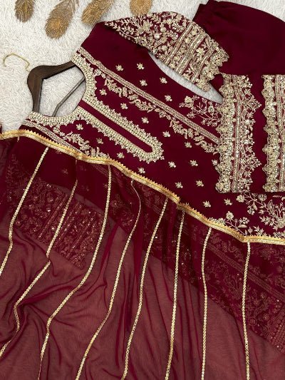Rich Maroon Gold Embroidery Georgette Palazzo Suit - BONYHUBSALWAR KAMEEZ
