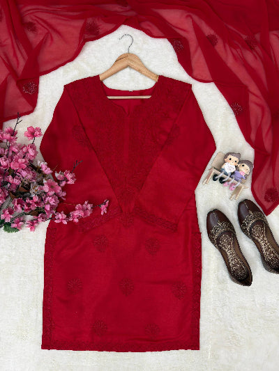 Red Chikankari Rayon Sharara Suit Set