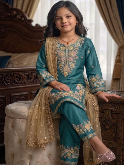 Kids Emerald Teal Silk Embroidery Work Suit Set