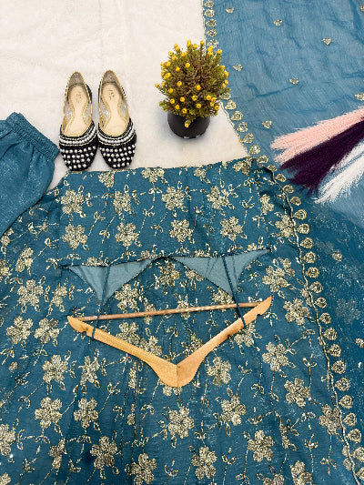 Blue Sleeveless Crush Silk Embroidered Anarkali Suit