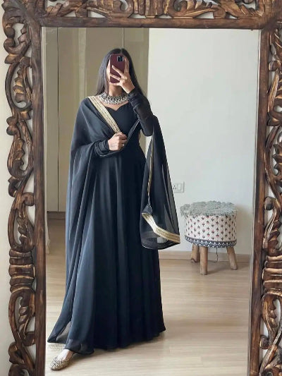 Black Georgette Long Gown with Dupatta Set Of 2 UK Next Day