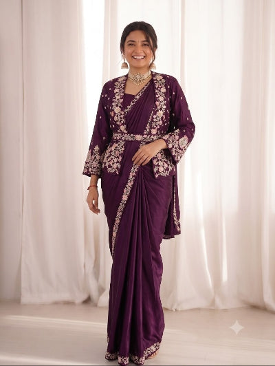 Burgundy Embroidered Ready-to-Wear Saree with Party Jacket &amp; Blouse