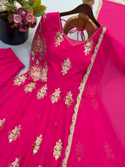 Hot Pink Embroidered Georgette Anarkali Gown Dupatta Pant Set