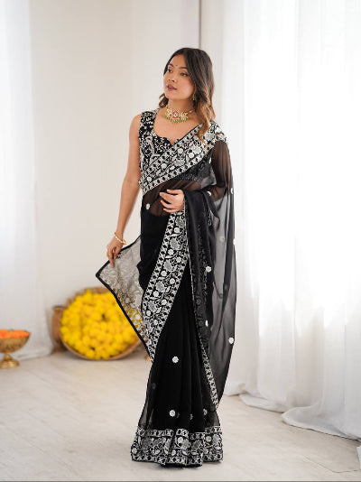 Black Georgette Thread Embroidery Ready to wear Saree with Free Stitched Blouse