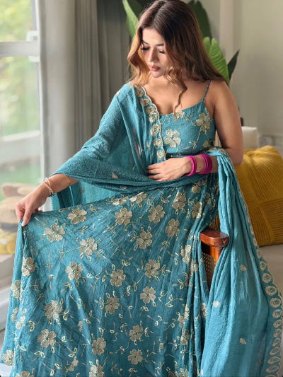 Blue Sleeveless Crush Silk Embroidered Anarkali Suit