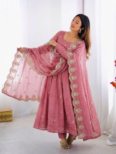 Rose Pink Crush Silk Embroidery Anarkali Suit