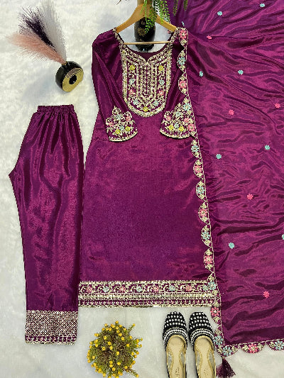 Purple Chinon Silk Embroidered Straight Suit Set