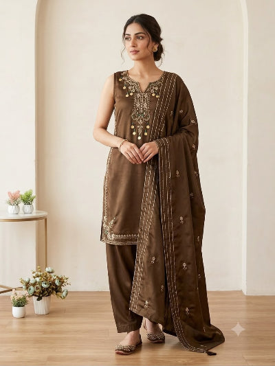 Olive Brown Sequins Embroidered Sleeveless Salwar Suit Set for Women UK