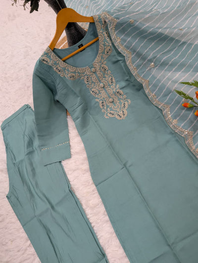 Powder Blue Embroidered Chanderi Suit for Women | Asian Ethnic Wear UK