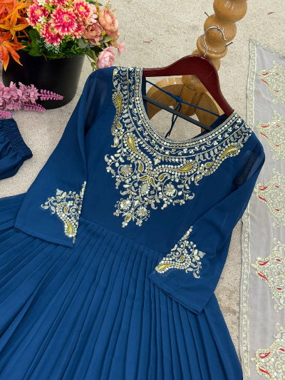 Teal Blue Georgette Intricate Embroidery Anarkali Suit