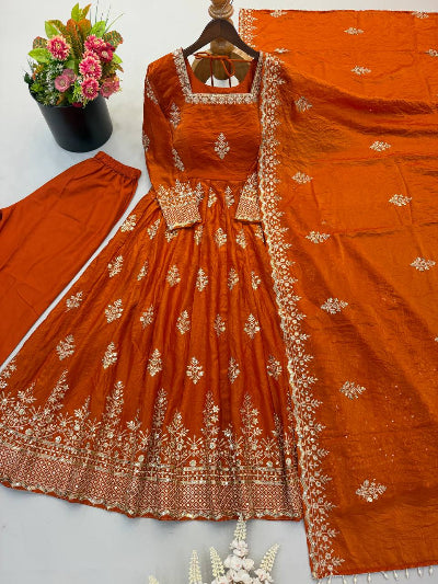 Orange Silk Designer Gown Suit with Embroidered Dupatta