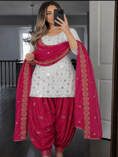 Fuchsia Pink &amp; White Embroidery Punjabi Patiyala Set UK Next Day