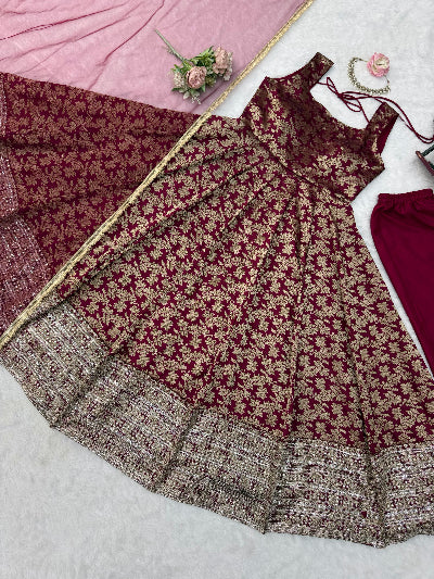 Meher Maroon Chanderi Gold Jacquard Anarkali Suit