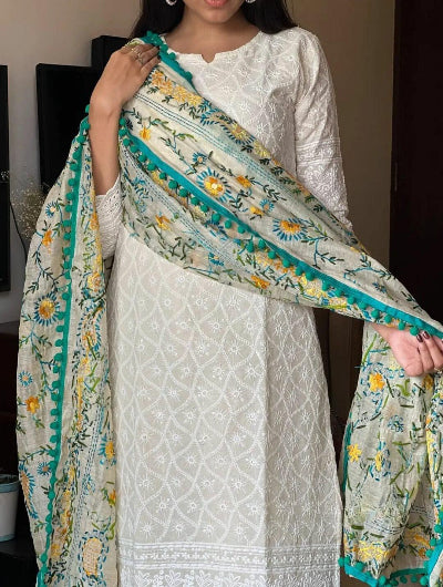 Cream Chikankari Work Straight Suit with Embroidery Dupatta